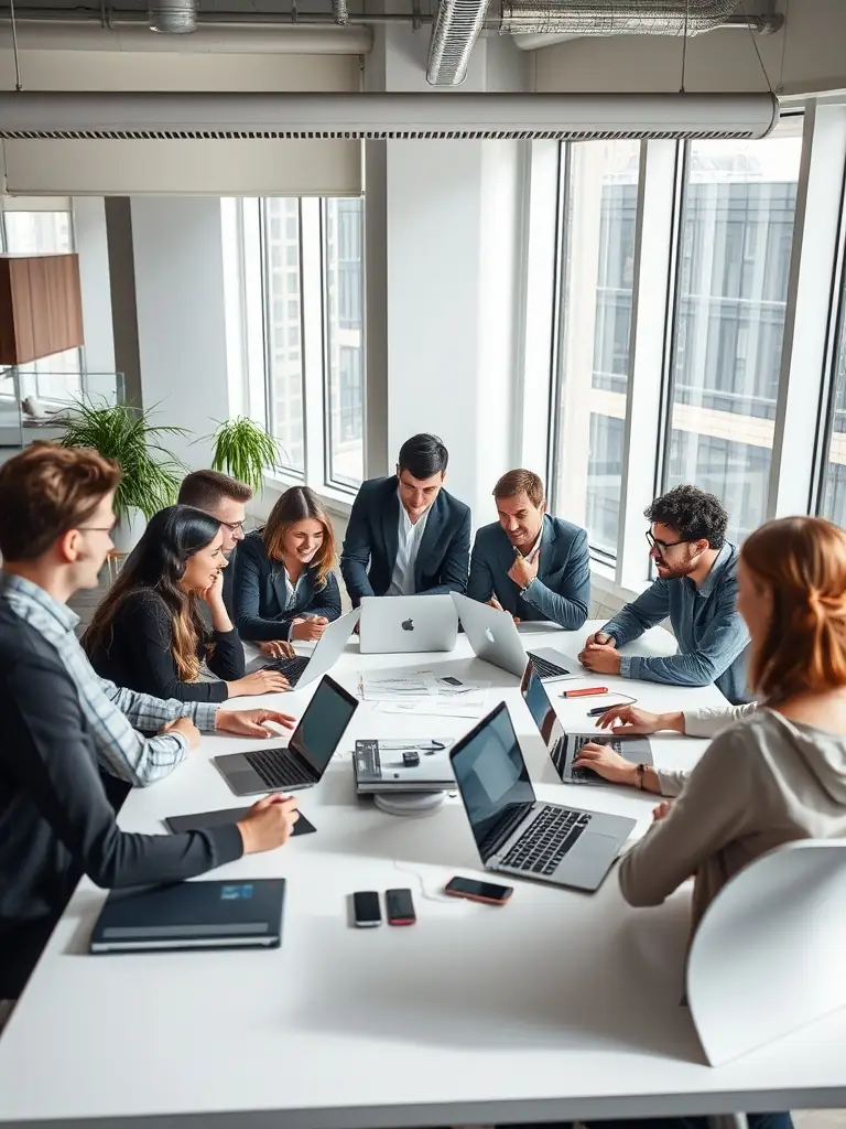 A professional-looking photo of a team brainstorming around a table covered with laptops and marketing reports, symbolizing strategic planning.