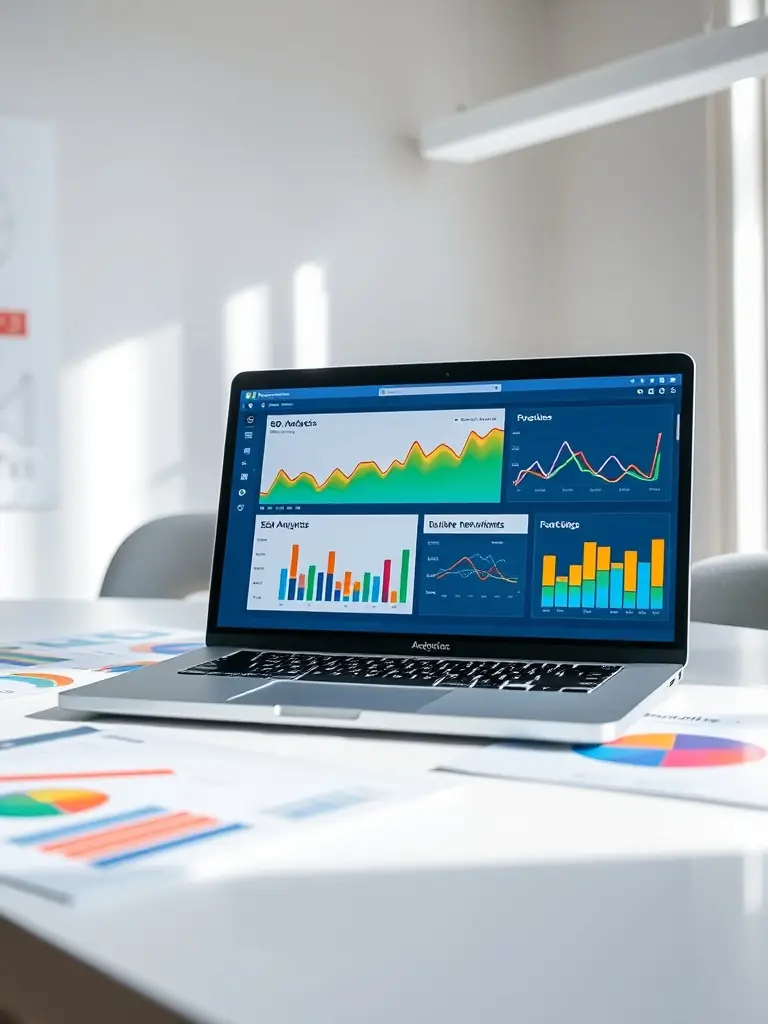 An image of a laptop displaying various SEO tools and graphs, highlighting keyword research and website optimization.